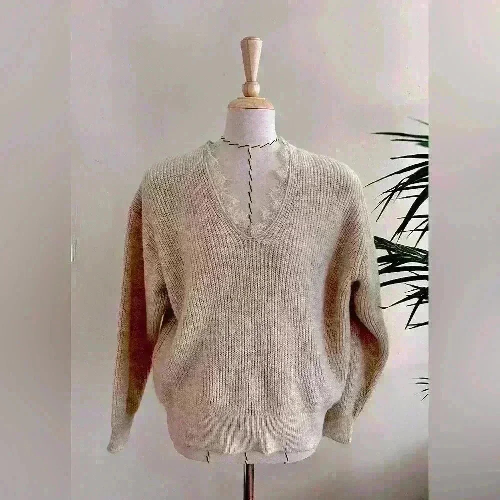 Mango Basics Beige Knit Top Lace V-Neck Sweater Pullover | XS